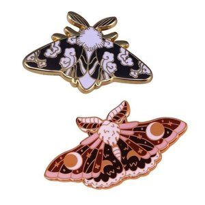 Set of 2 Moth pins enamel moonlit floral flower